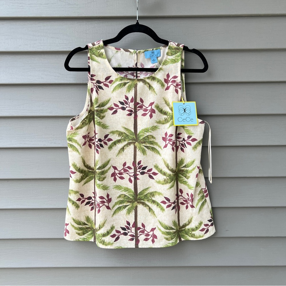 CeCe Palm Tree Linen Blend Top Tropical Sleeveless Blouse Women's Size M